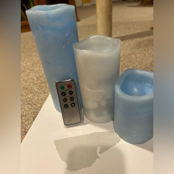 Set of 3 Blue Flameless LED Pillar Candles, Remote Operated Battery Power 4 6 8” - Picture 2 of 11
